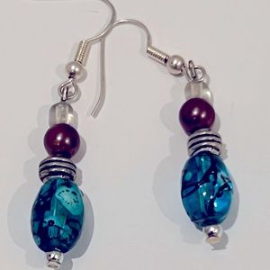 Blue and purple beaded drop earrings